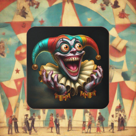 Kooky But Scary Harlequin Clown Corkwood Coaster Set