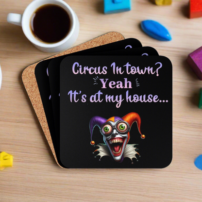 Circus In Town Funny Harlequin Clown Corkwood Coaster Set of 4