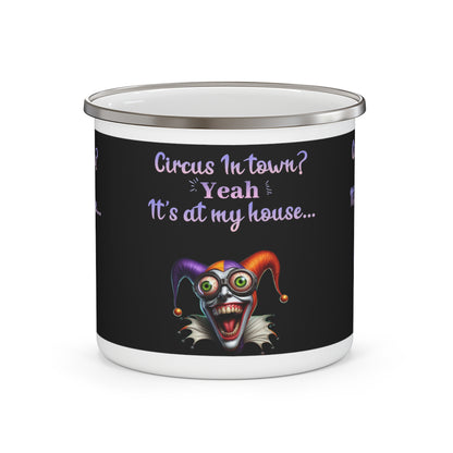 Circus In Town? Funny Harlequin Clown Enamel Camping Mug