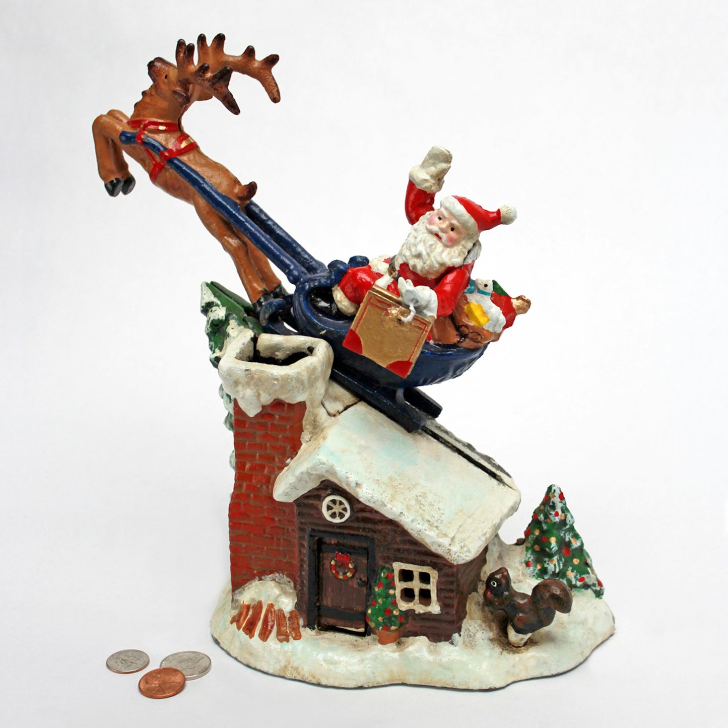 Charming Vintage Santa And His Reindeer Mechanical Bank